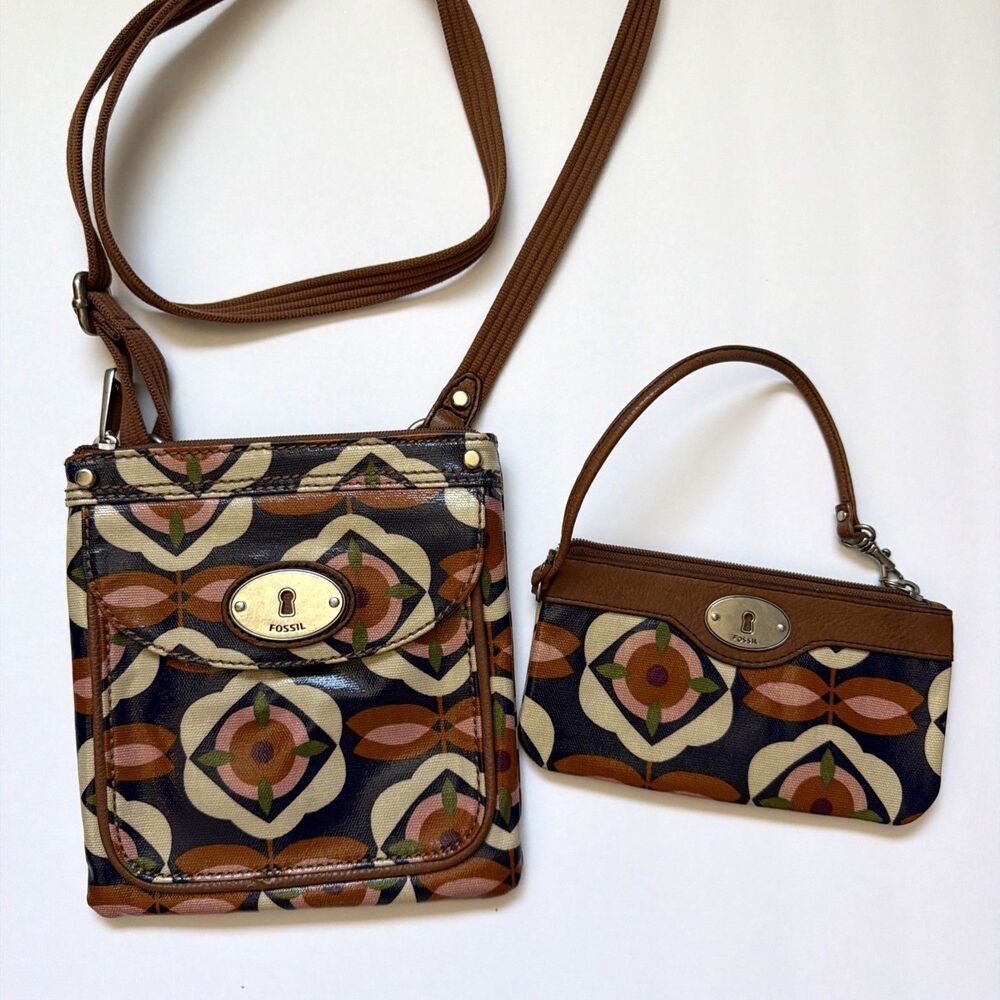 Fossil Key-Per Crossbody Purse and wristlet set floral waxed Canvas Leather